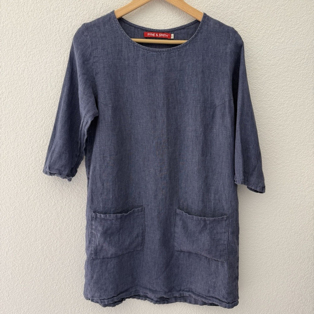 Pyne & Smith 100% Flax Linen No 20 Tunic Dress Medium Blue Pockets Lagenlook